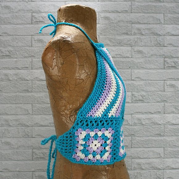 HAND CRAFTED Crop Top Halter Crochet Criss Cross Cut Out Granny Square Stripe - Picture 2 of 11